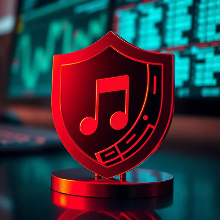 Icon representing secure digital music download with a shield and music notes