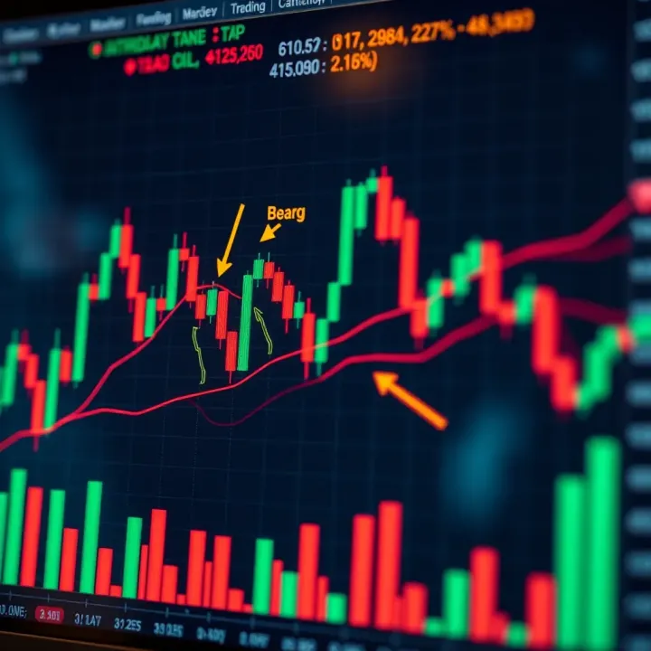 A detailed Japanese candlestick chart showing bullish and bearish patterns with market trend annotations