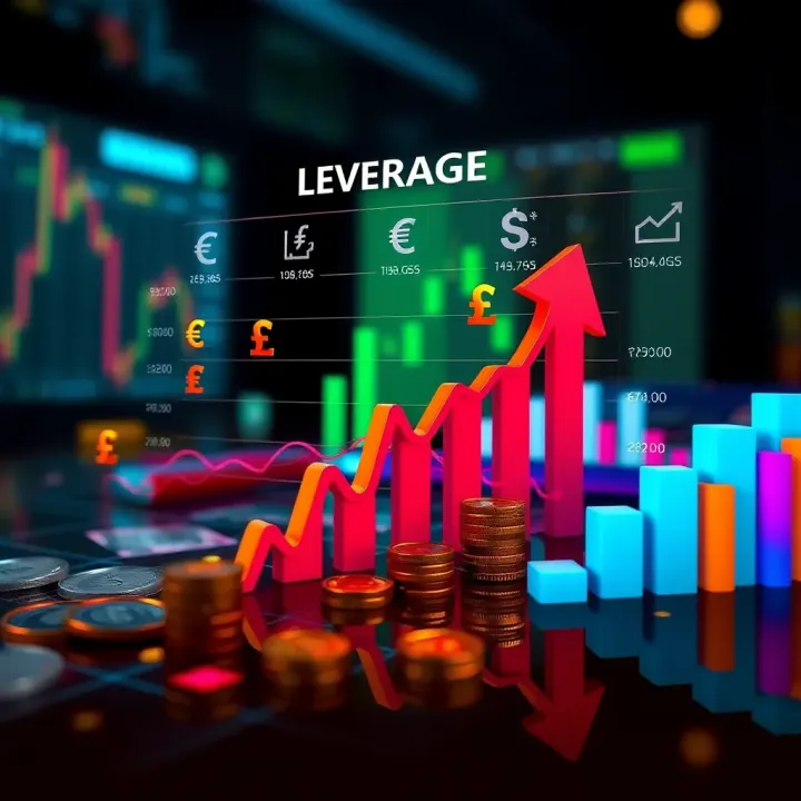 Illustration showing leverage concept in forex trading with currency symbols and growth chart