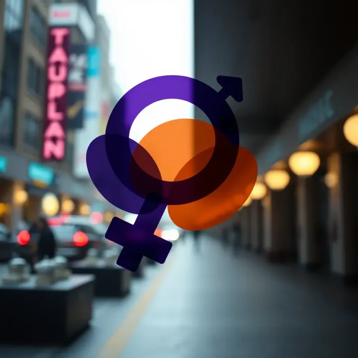 Abstract representation of the non-binary gender symbol featuring overlapping shapes that blend traditional gender icons with a unique design
