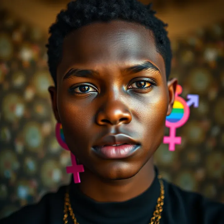 Person expressing a non-binary identity with colorful gender symbols representing diversity beyond male and female