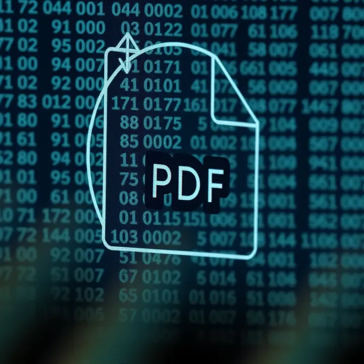Diagram illustrating the structure of a PDF file in binary format with sections including header, body, cross-reference table, and trailer